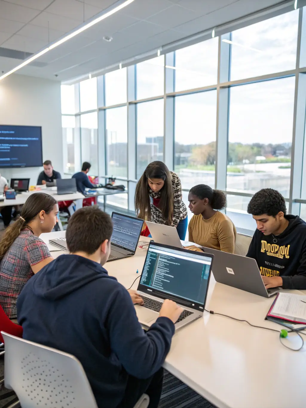Students working on a coding project in a computer lab, highlighting the school's focus on technology and innovation, showcasing the computer science program at The Educational World.