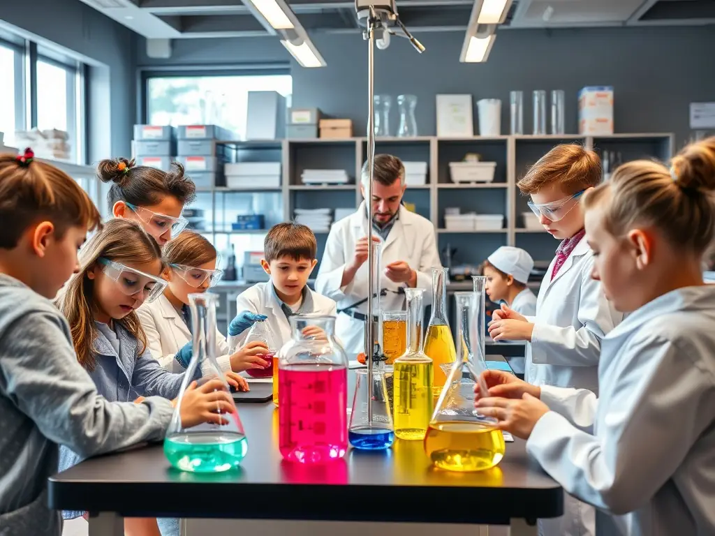 A well-equipped science lab with young students conducting experiments under the guidance of a teacher, highlighting the school's focus on STEM education.