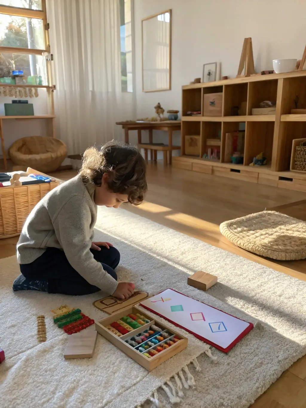 A bright and engaging Montessori classroom with children working independently on various learning activities, showcasing the hands-on approach.