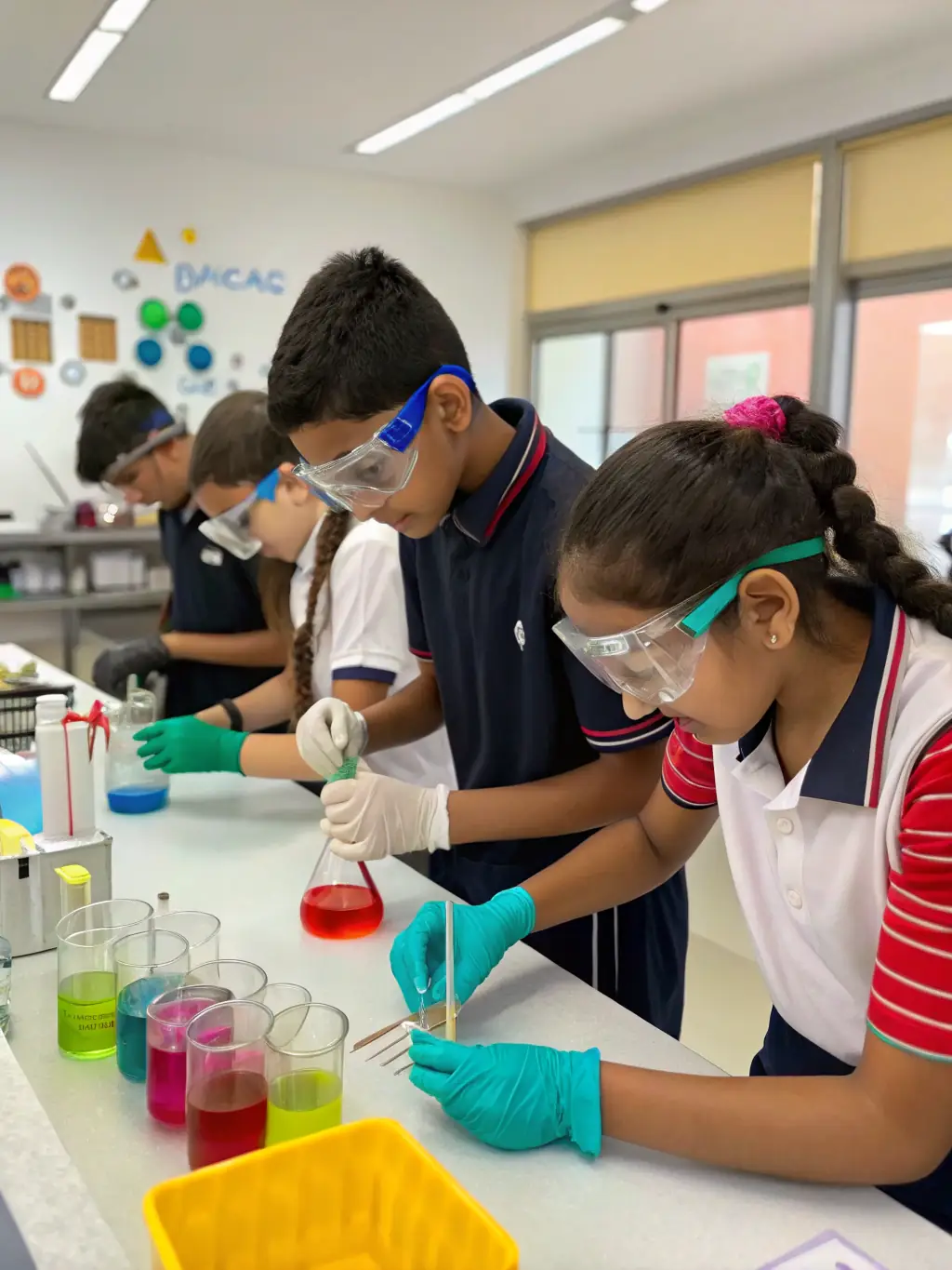 A group of primary school students actively participating in a science experiment, wearing safety goggles and using beakers and test tubes, in a bright and well-equipped laboratory at The Educational World.