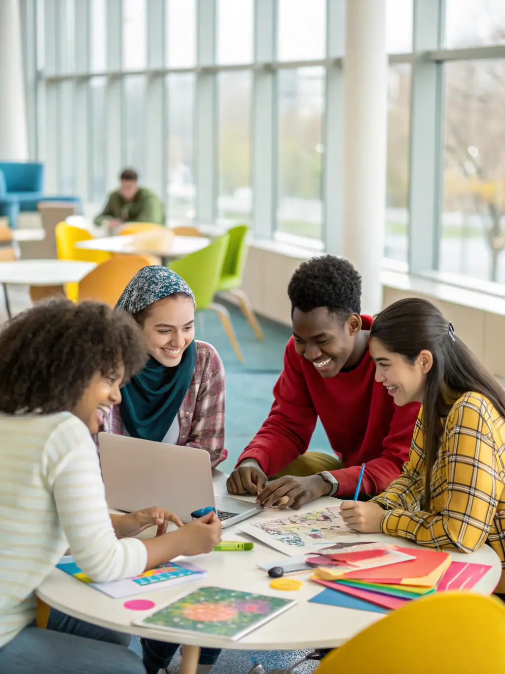 Secondary school students collaborating on a project in a modern classroom, highlighting teamwork and problem-solving skills.
