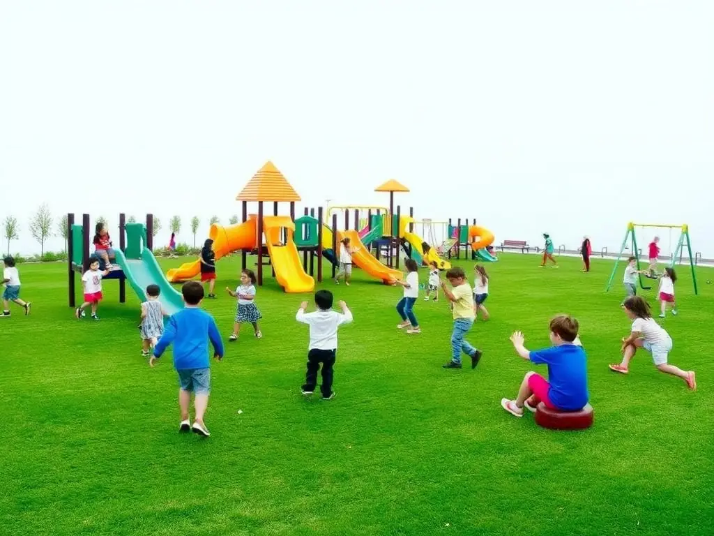 A vibrant outdoor play area with children playing and interacting, demonstrating the school's commitment to physical activity and social development.