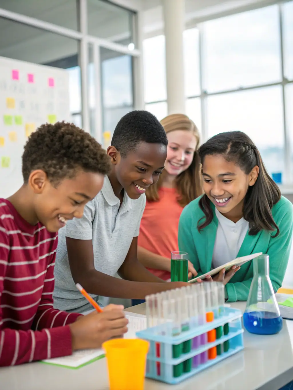 A group of primary school students enthusiastically participating in a science experiment, demonstrating the interactive learning environment.