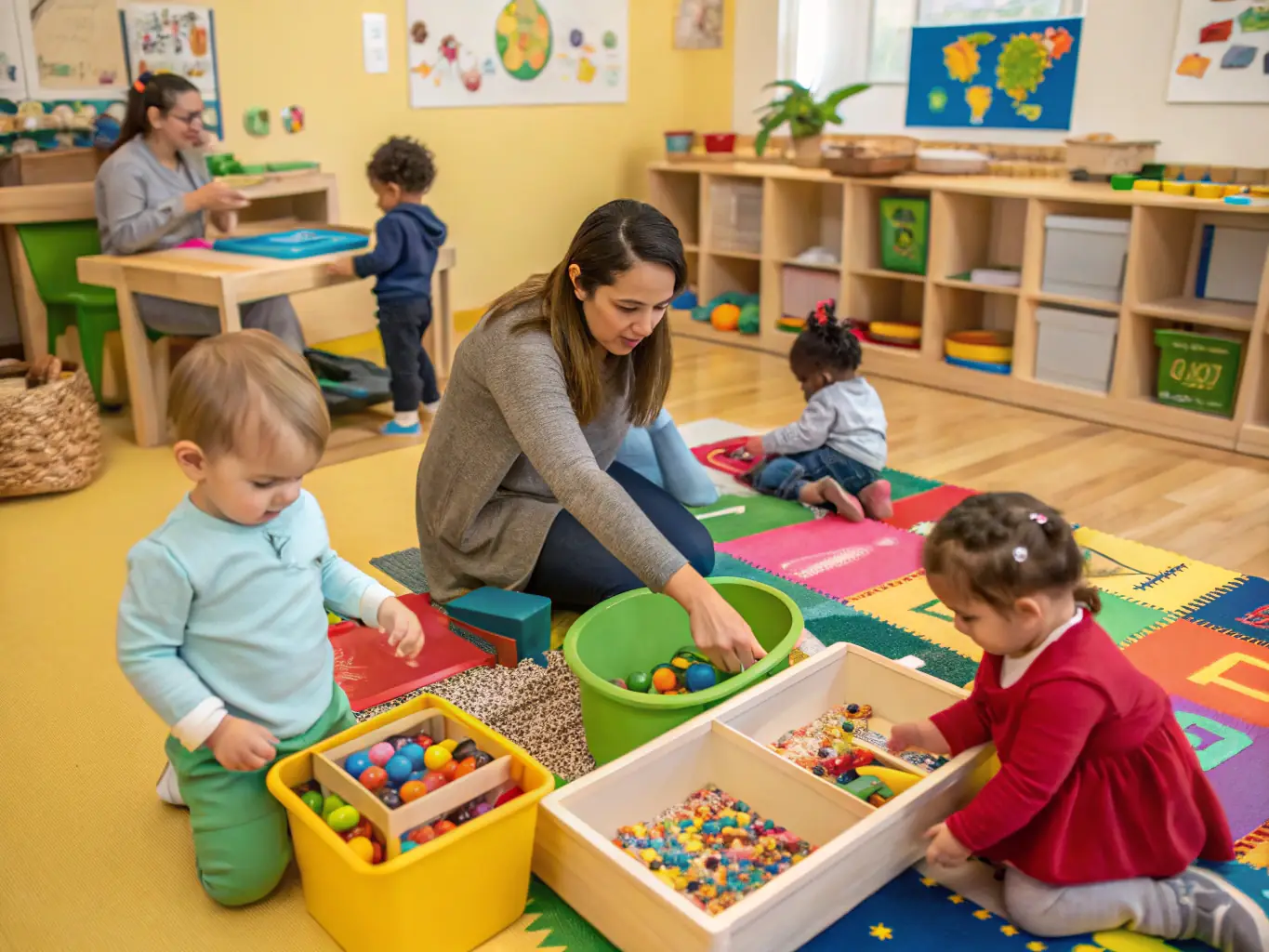 A bright and spacious Montessori classroom with children engaged in various hands-on activities, showcasing the prepared environment and self-directed learning.